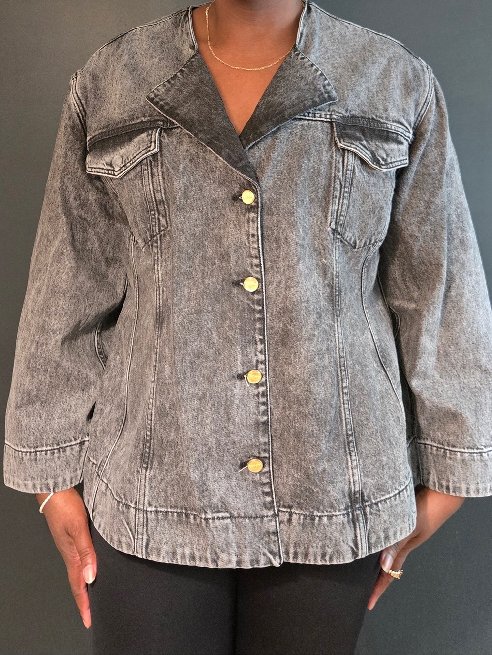 ganni | snow washed denim fitted blazer | hourglass | jean | size: us 22 - Picture 3 of 9